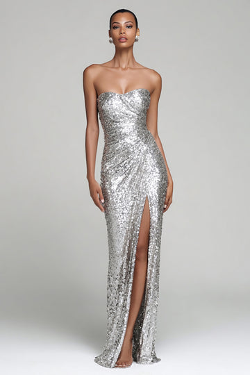 Sparkly Silver Strapless Sheath Maxi Evening Dress With Slit